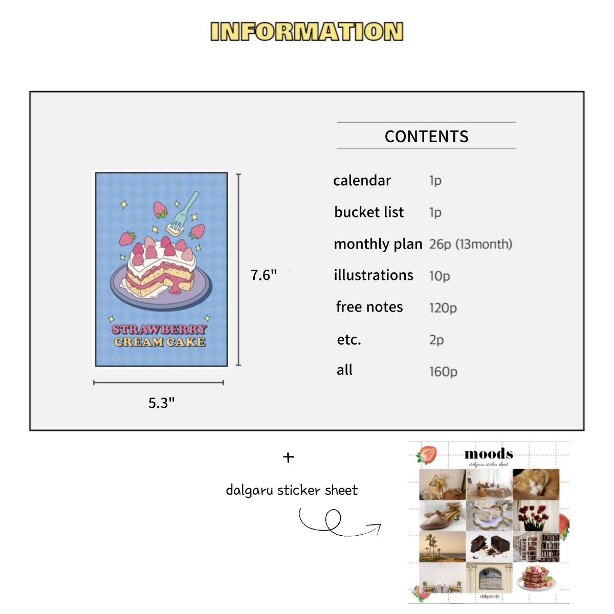 strawberry cake 2023 dated kawaii korean planner with dalgaru sticker information