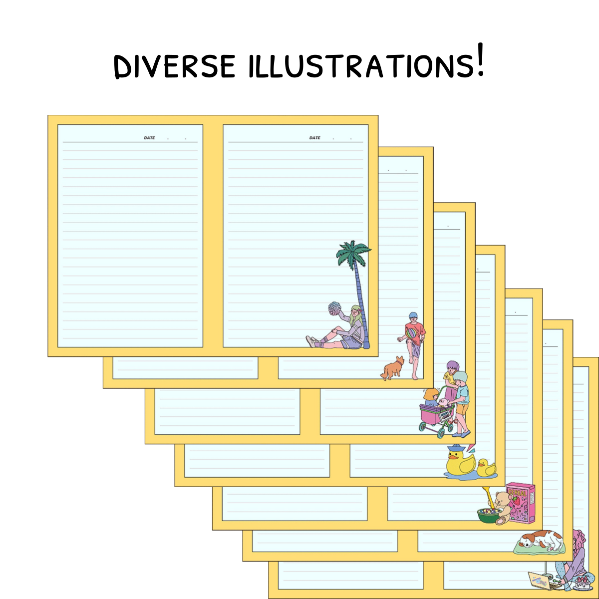 diverse yellow illustrations ruled notebook