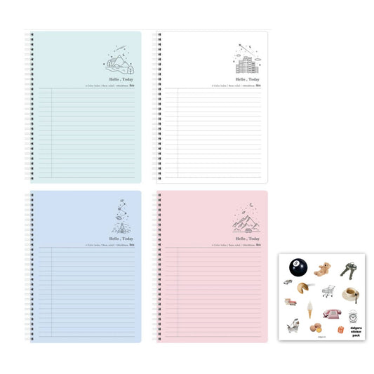ruled spiral korean notebook set with dalgaru sticker in pink, green, blue, and white